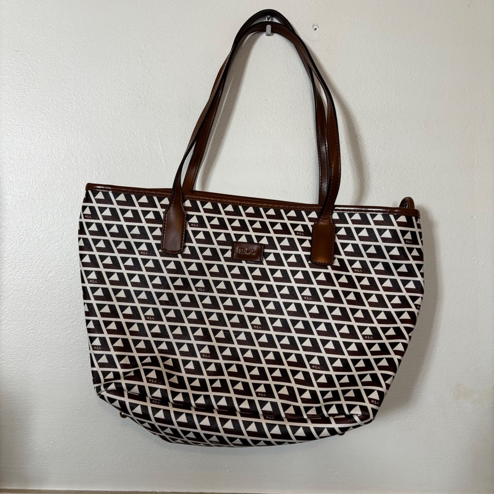 Lauren Ralph Lauren RLL Monogram Geometric Print Brown Tote Shoulder Bag